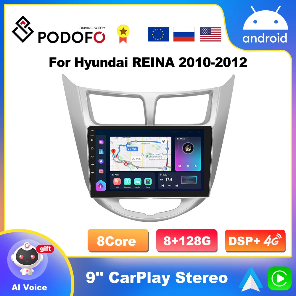 

Автомагнитола Podofo на Android для Hyundai Solaris 1 Accent 2010-2016, автомобильный мультимедийный плеер 2 Din, головное устройство DSP, стерео