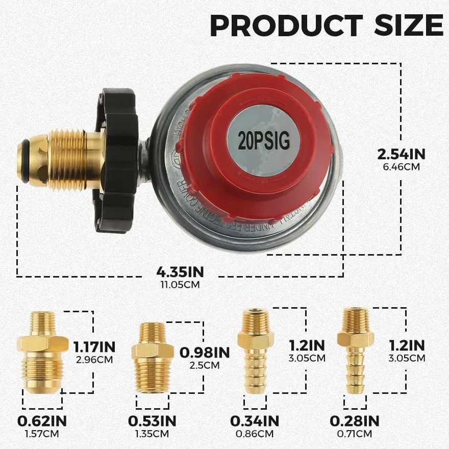 Adjustable 0-20PSI POL High Pressure Propane Regulator Valve Kit,1/4" NPT 3/8" Flare Male Fitting,5/16" 1/4" Hose Barb Connector