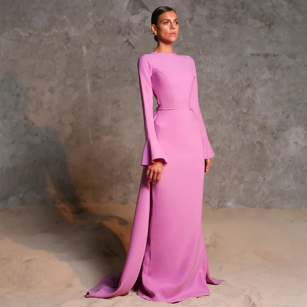 Elegant Evening Dress Long Sleeves Colomn Lavender  Gowns for Women 2023 Open Back Crystal Wedding Guest Dresses