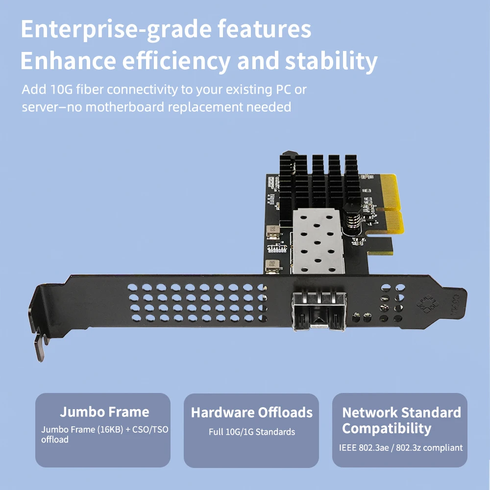 Lekuo 10G PCIe 네트워크 카드 RTL8127 10 기가비트 SFP+ 파이버 NIC 어댑터(서버 워크스테이션용) Linux Windows 로우 프로파일