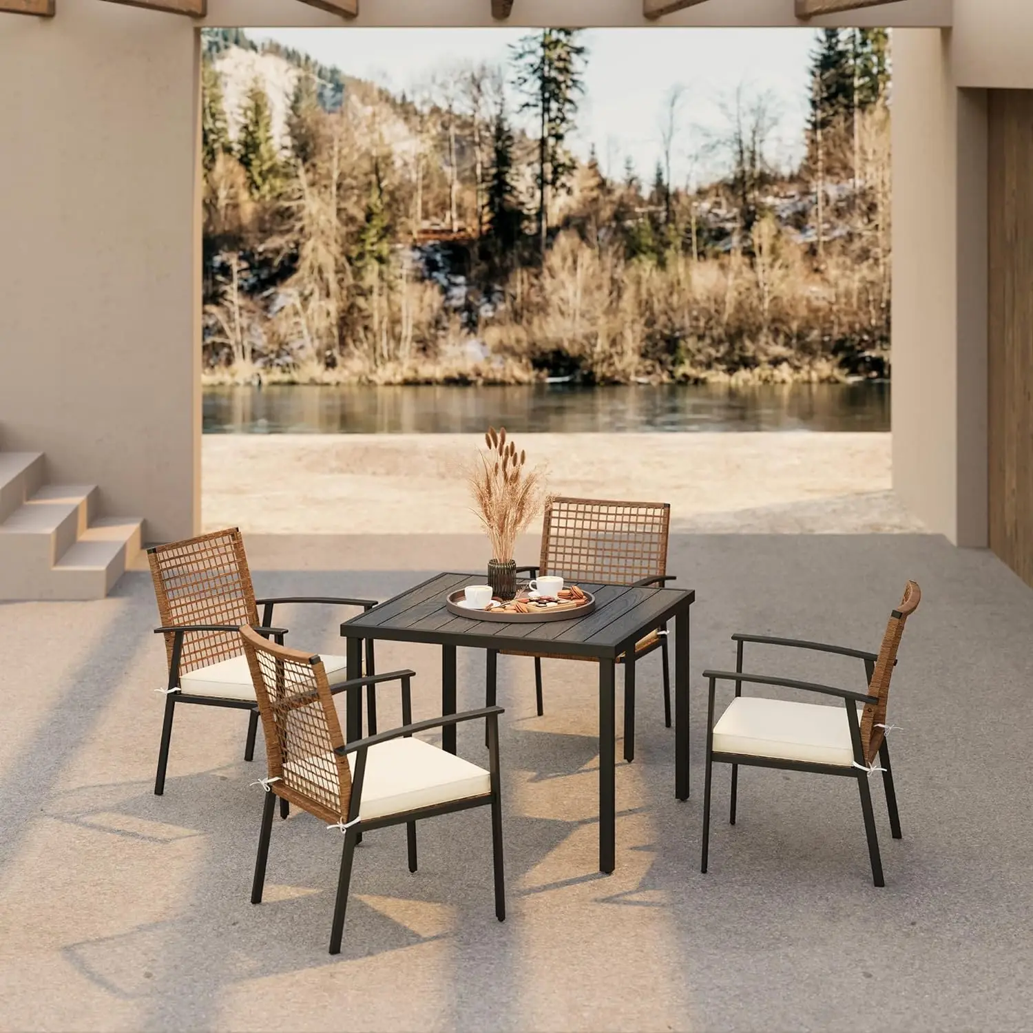 

5pcs Outdoor Patio Dining Set, Wicker Patio Furniture Set of 4 Chairs with Soft Cushion and Square Table with Umbrella Hole