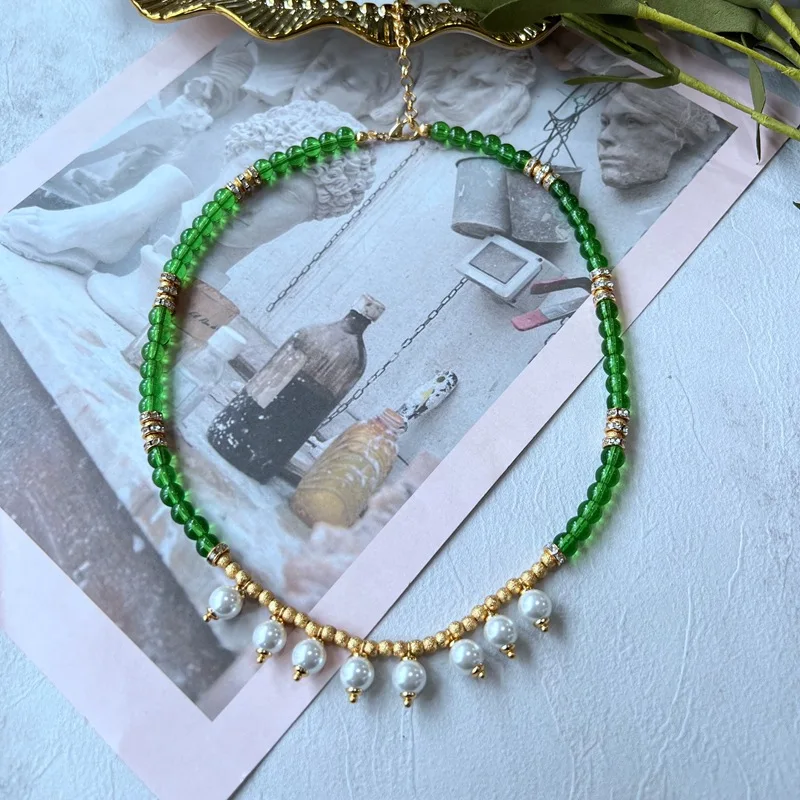 

A cool summer electroplating gold mist gold green beads metal ball pearl gem ring necklace necklace