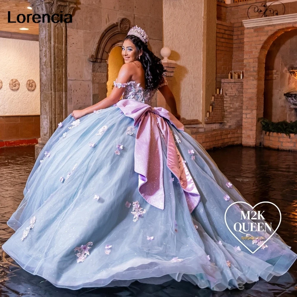Mexican Blue Quinceanera Dress Ball Gown Pink Floral Applique Beads Bow Corset Sweet 16 Vestidos De 15 A&ntilde;os YQD915