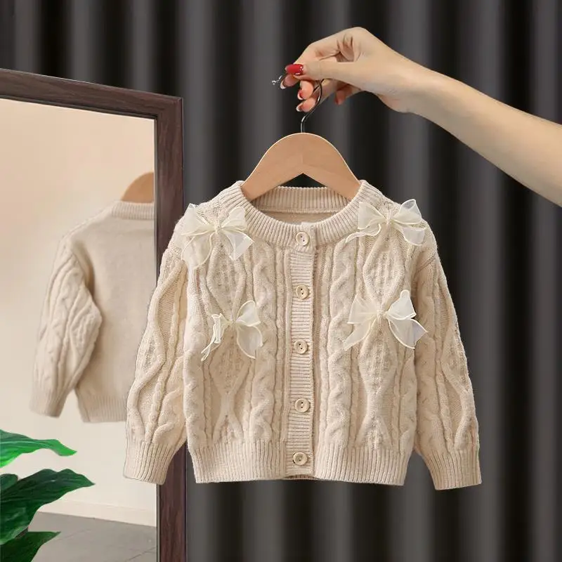 

Coat Girls Sweater Cardigan New Spring Autumn Knitting Childrens Clothing Baby Autumn Bows Striped Round Collar Sweet