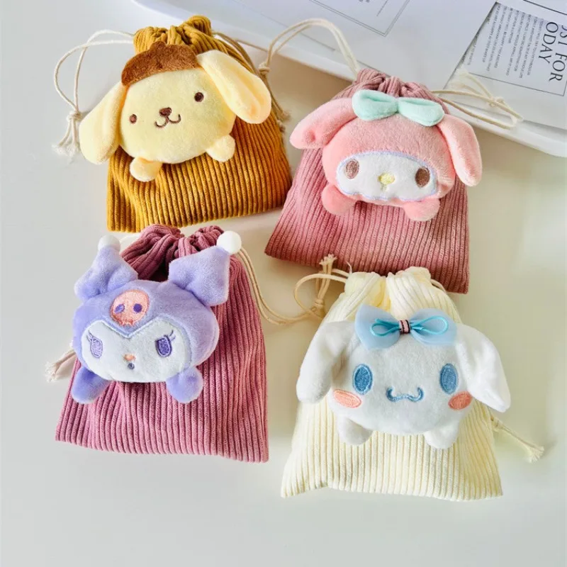 Sanrio Cartoon Drawstring Pocket Coin Purse Cute Kuromi Cinnamoroll Mymelody Small Drawstring Storage Bag Girls Portable Wallet