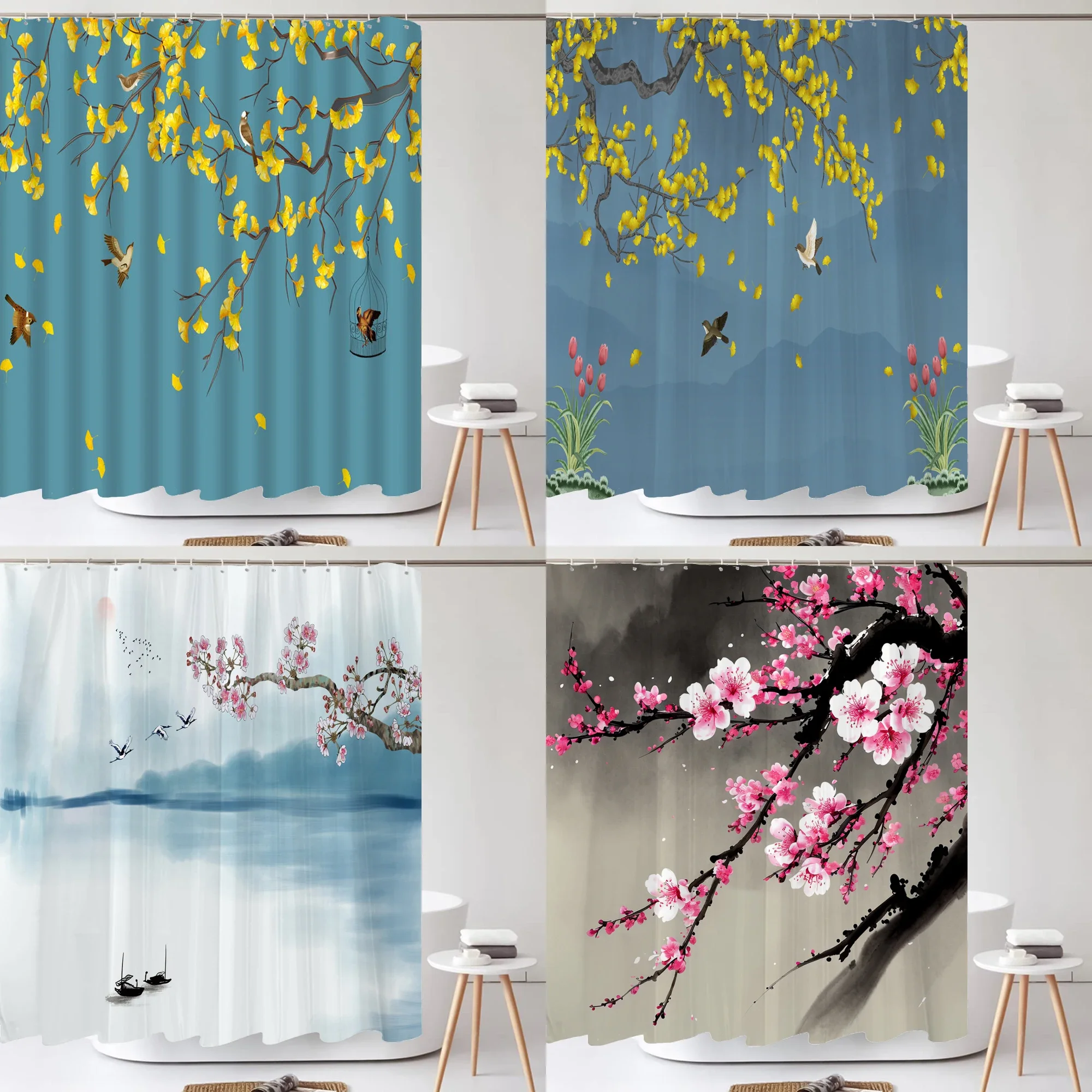 Chinese Flower Bird Shower Curtains Set Printing Waterproof Polyester Leaves Shower Curtains Bathroom Home Decor Mat 180x200CM 1