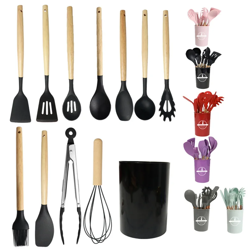 Food-grage silicone spatula soup spoon set wooden handle non stick household kitchenware cooking tool