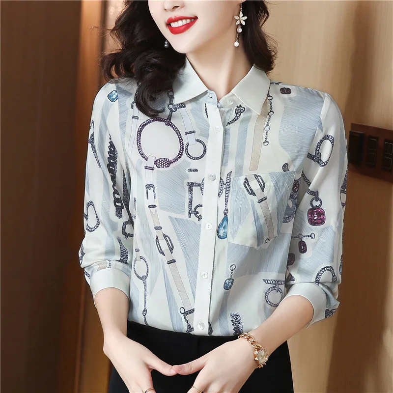 

Женская одежда, шикарная свободная элегантная рубашка с принтом, Офисная модная повседневная простая блузка из шелка тутового шелкопряда с карманами, весенние топы на пуговицах