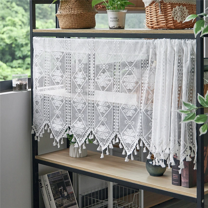 American Country Crochet Wave Hollow Short Curtains for Roman Window Kitchen Manual Rhombus Tassels Half Curtains Valance #A594 5