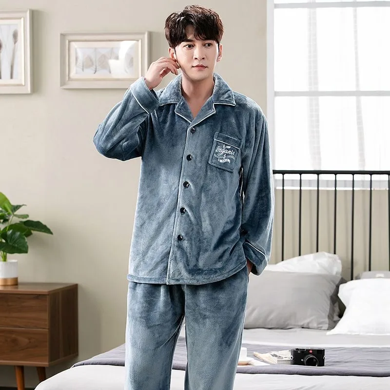 2024 New Men Coral Velvet Pajamas Winter Thicken Velvet Padded Large Size Male Homewear Suit Flannel Thermal Sleepwear Sets