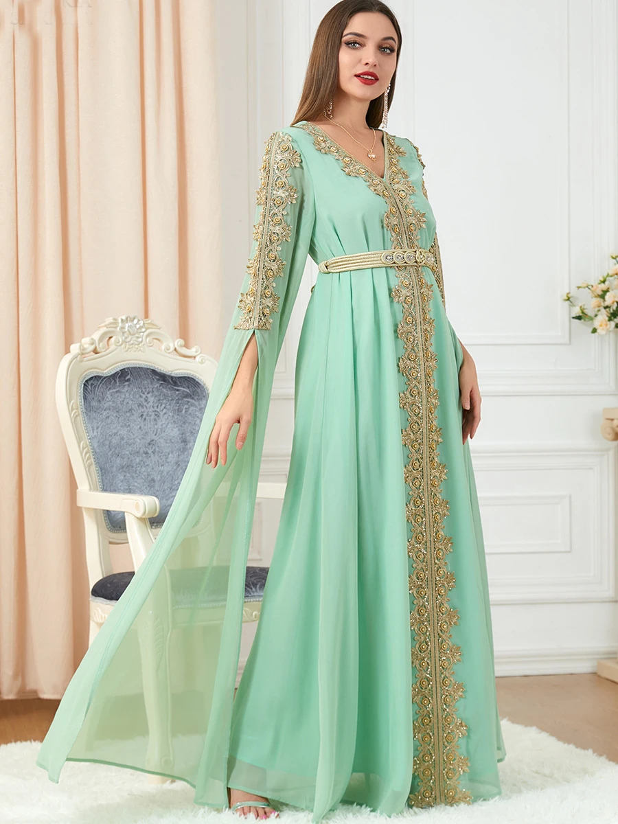 Woman's Evening Dress Elegant Long Sleeve Chiffon Party Dress Floral Embroidery Lace Panel Belted Jilbab Abaya Moroccan Caftan