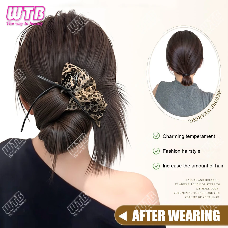 레오파드 프린트 합성 번 가발 클로 클립 치킨 페더 합성 번 패션 가발 자연스러운 풍성한 로우 포니테일 가발