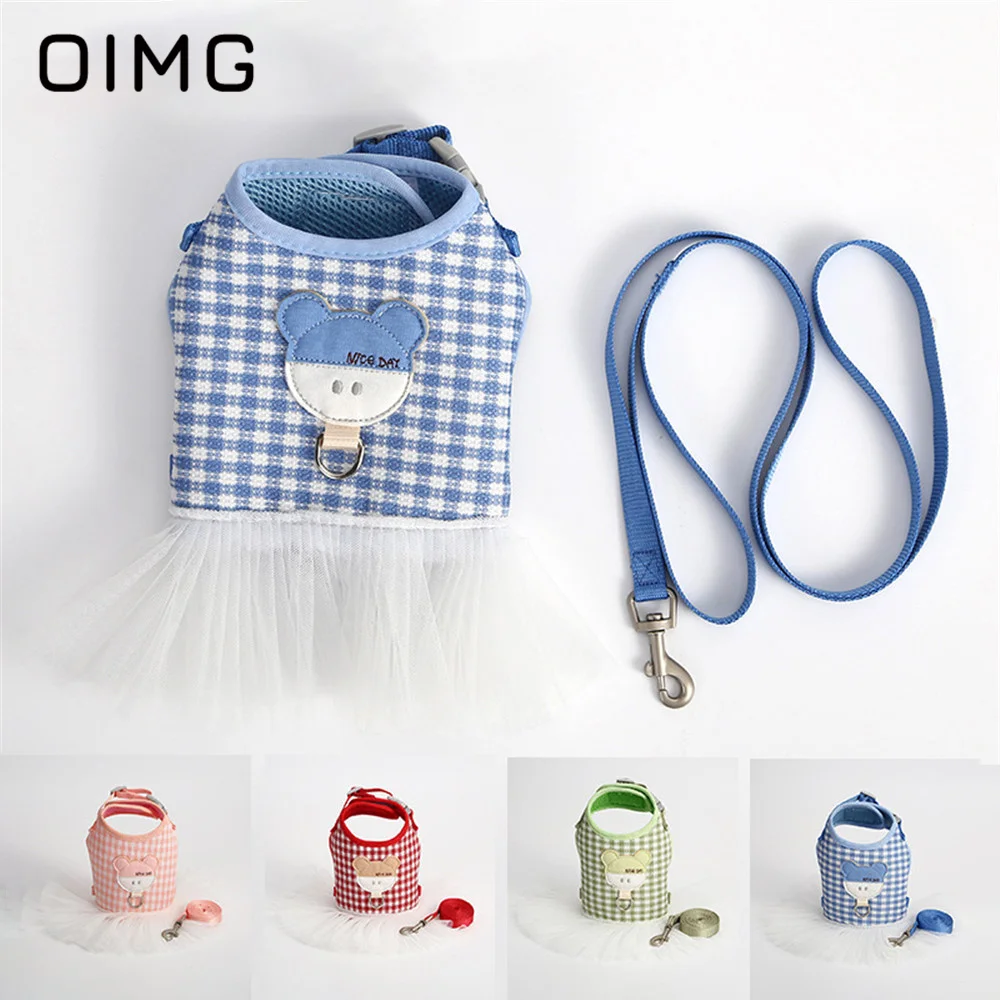 

OIMG Cute Pet Towing Rope Small Dogs Teddy Pomeranian Chest Strap Spring Summer White Plaid Bear Princess Dress Towing Rope