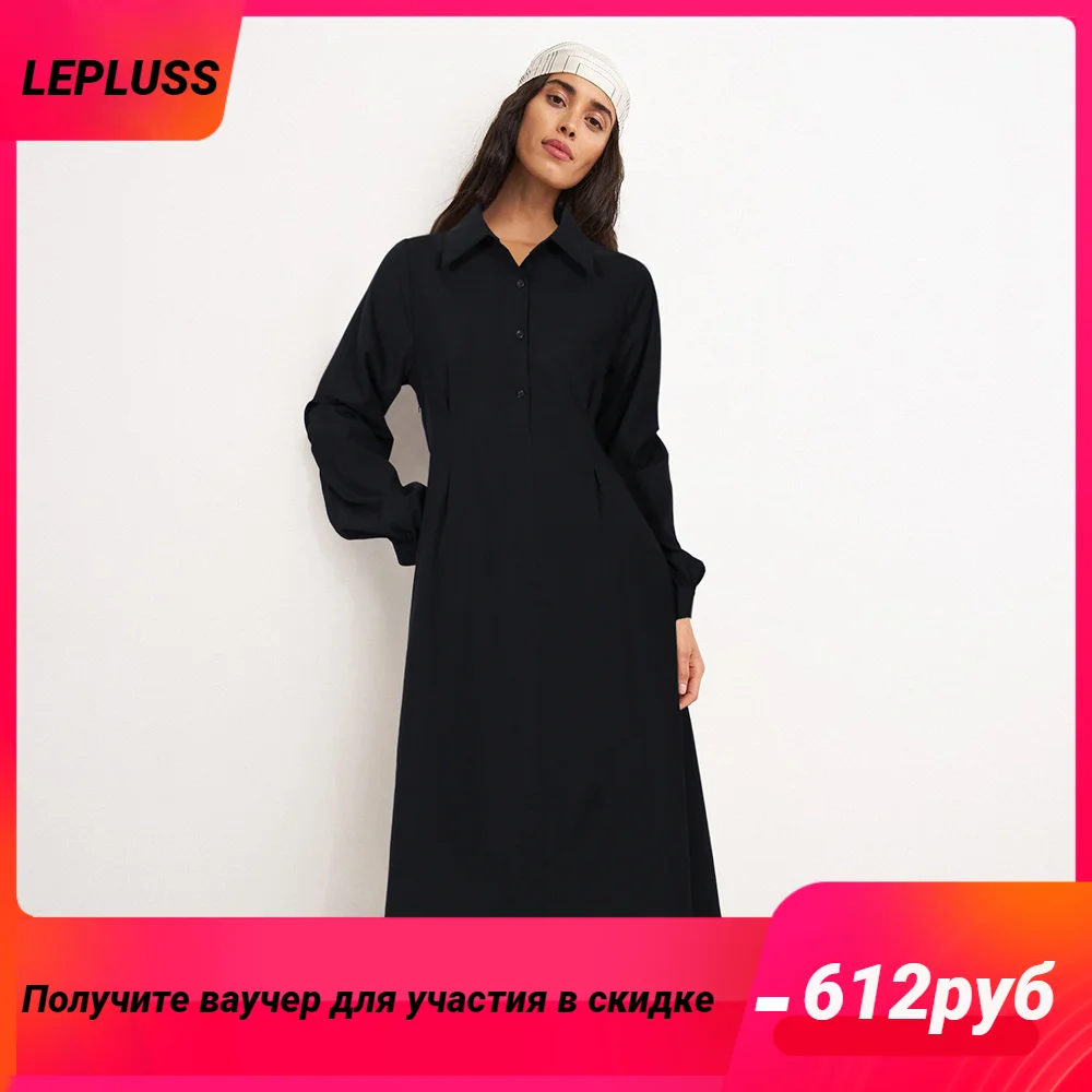 

LEPLUSS Long sleeve black dress women's spring and summer waist thin little black dress French polo neck women's dress long dres