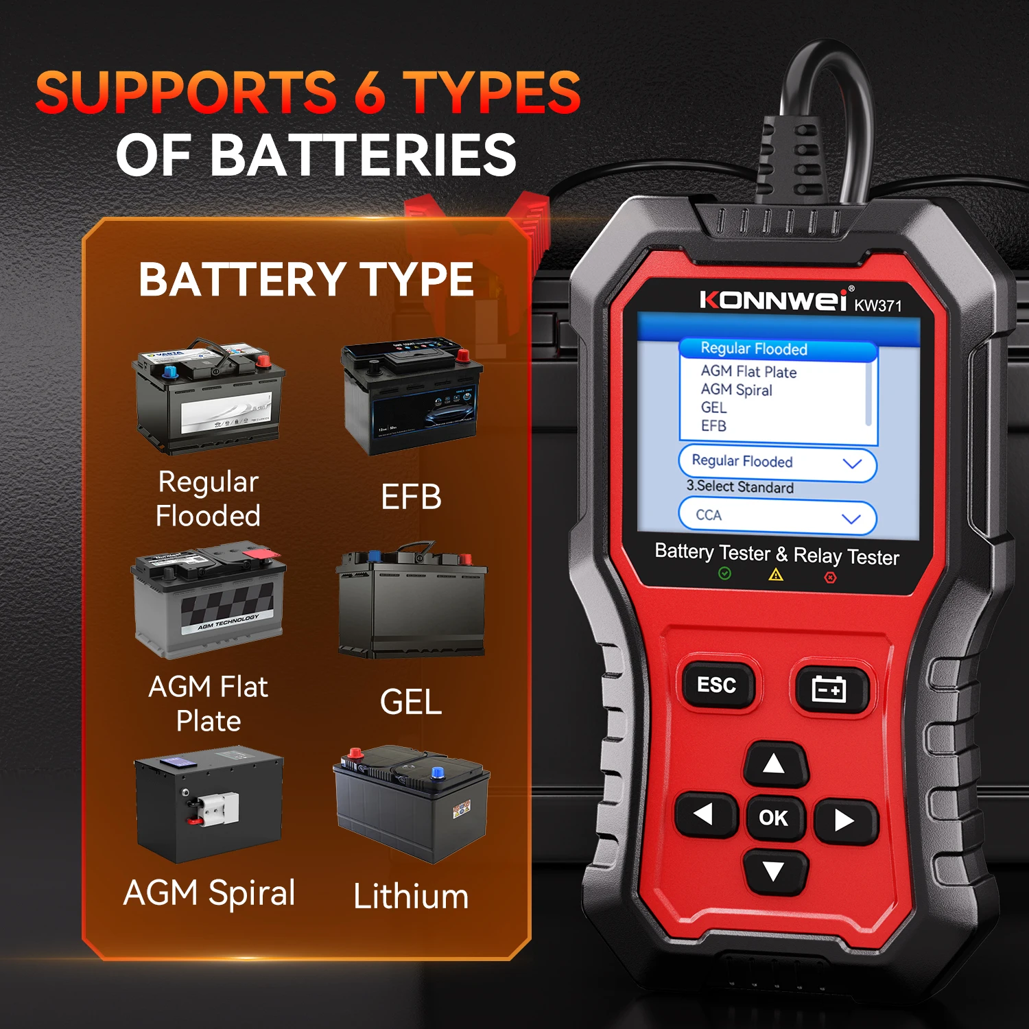 KONNWEI Car Battery Relay Tester KW371, 2 in 1 6V 12V 24V Battery Tester with 4 Pin 5 Pin Relay Testing Fault Data Print Start Test and Charging Scan Tool 2026 - Image 2