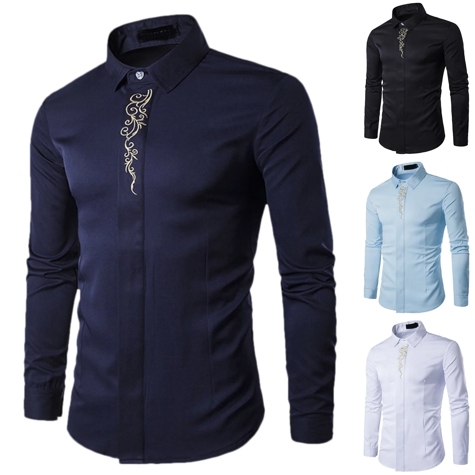 

Embroidery Print Mens Casual Shirts Single Breasted Slim Fit Long Sleeve Dress Shirts Male Social Shirts Designer Chemise Homme
