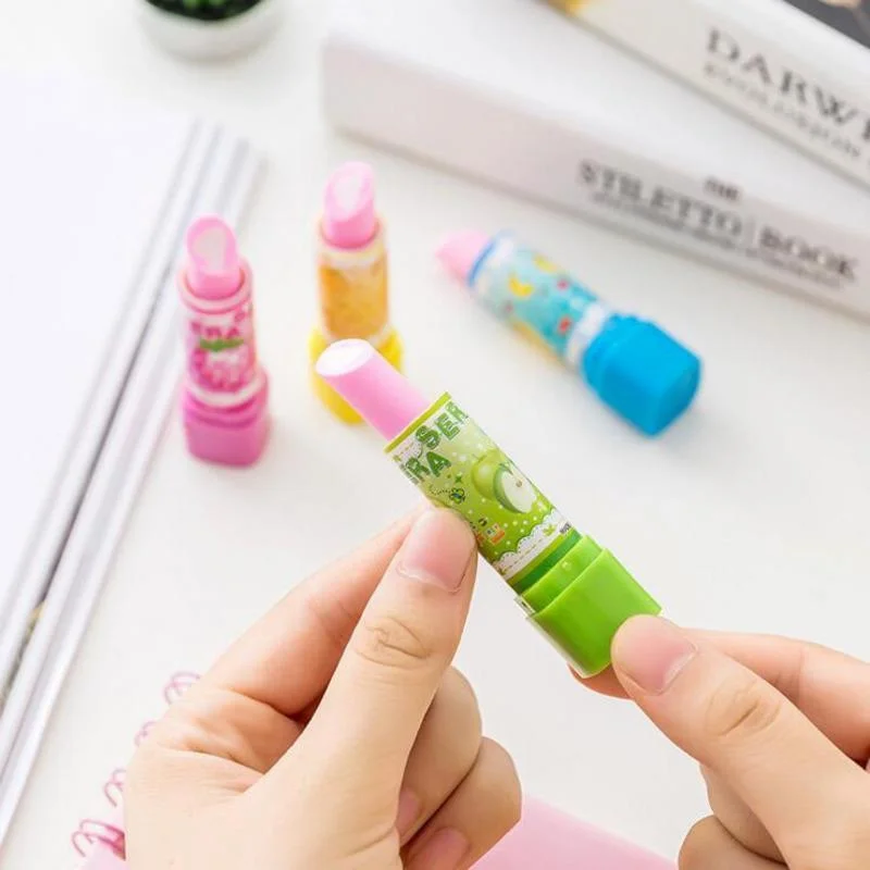 4 Pcs Cute Cartoon Lipstick Rubber Creative Novelty Pencil Eraser Stationery