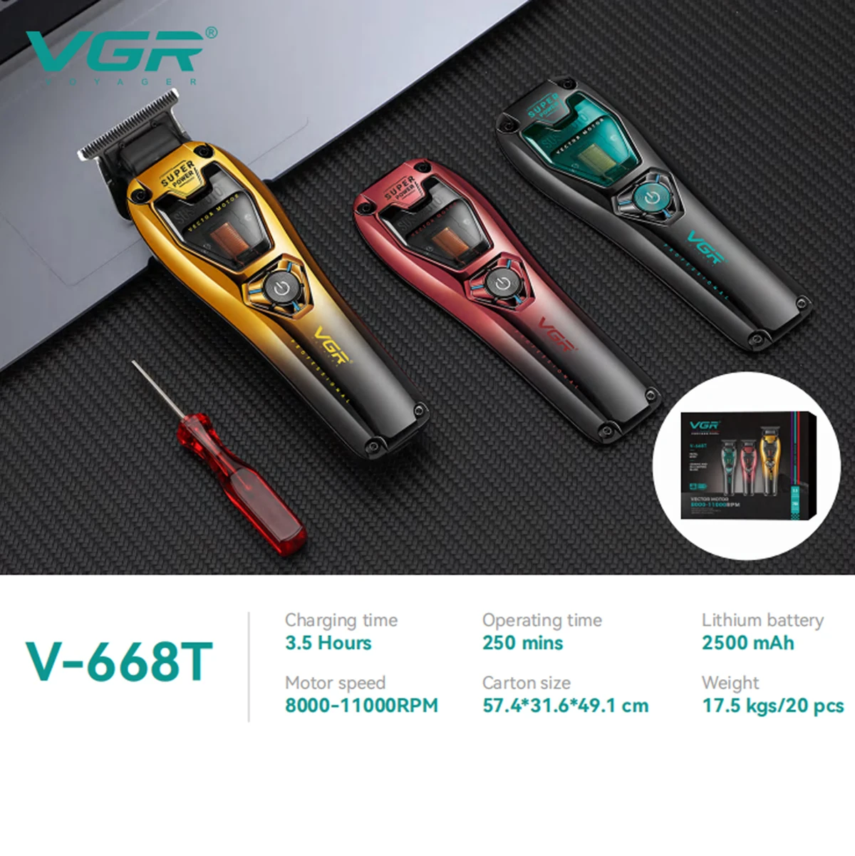 VGR Professional Hair Clippers Rechargeable Hair Trimmer Vector Motor 11000 RPM Haircut DLC Blade Clippers For man V-668 V-668T image 19