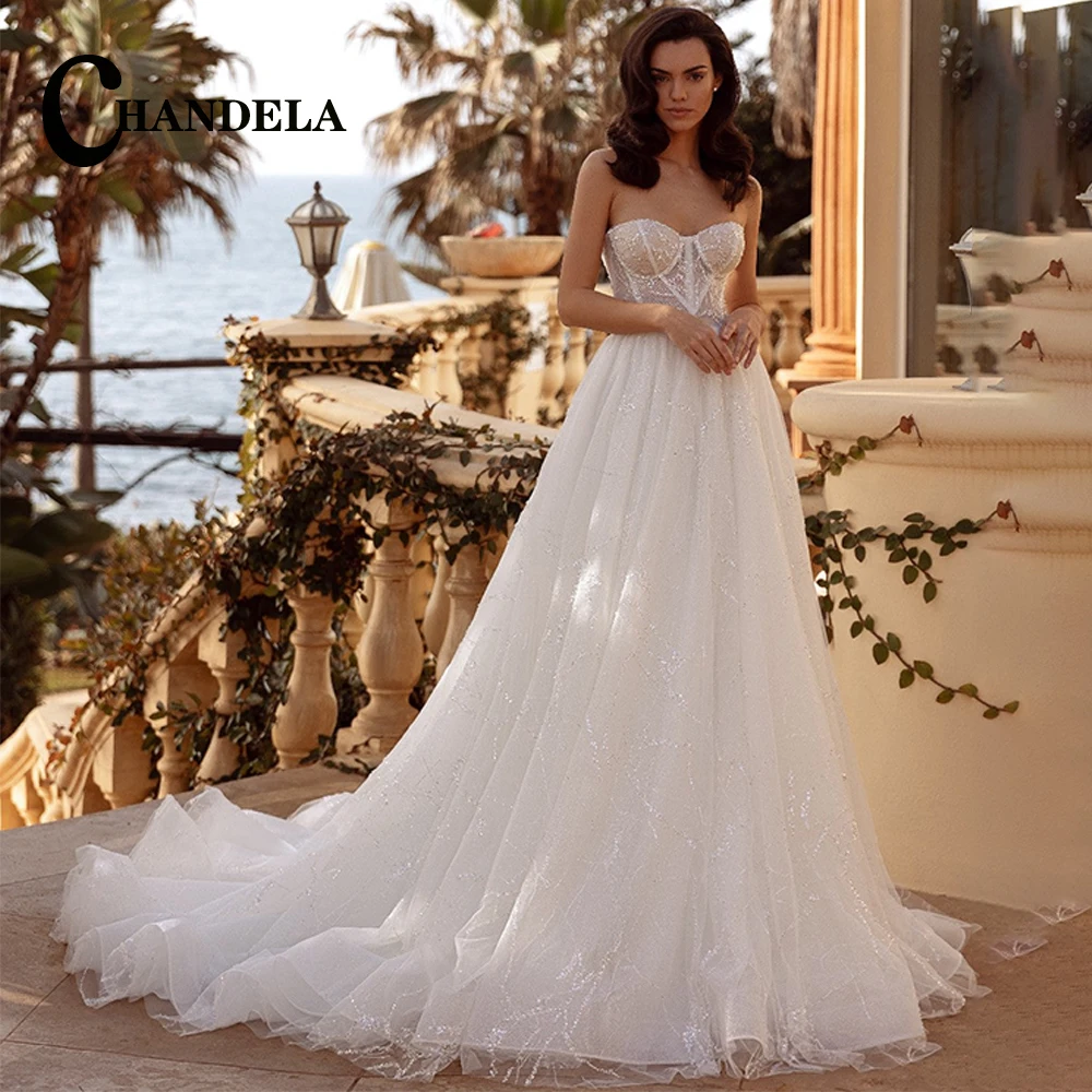 

CHANDELA Sparkly A Line Wedding Dresses for Women Sweetheart Tulle Backless Sleeveless Court Train Vestido De Novia Custom Made