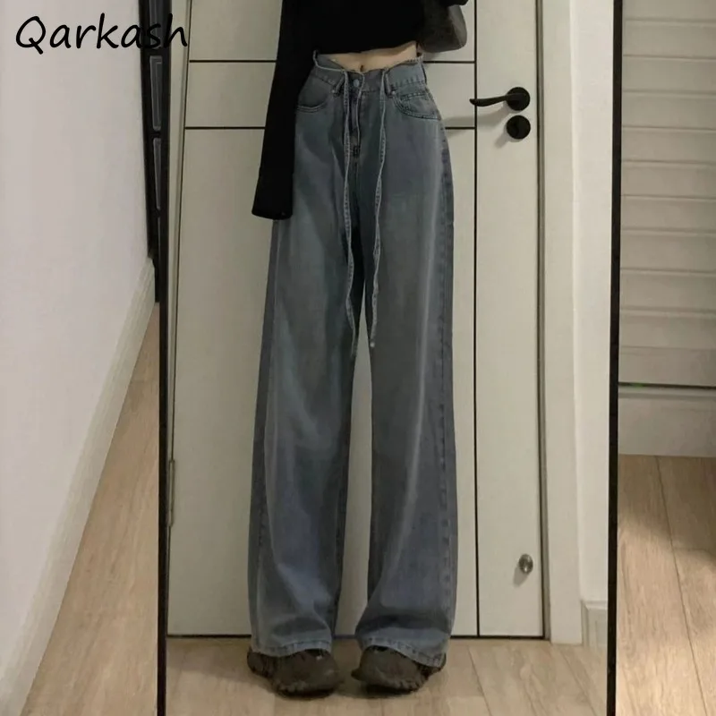 

Washed Jeans for Women Fashion Wide Leg Pants Loose Ulzzang Cool Girls Spring All-match Students College Chic Design Full Length