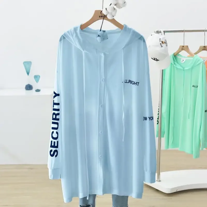 DAYIFUN-Oversized Casual Jacket Women Thin Ice Silk Sunscreen Tops Hooded Mid Length Cardigans Female Spring Coat Summer 100KG