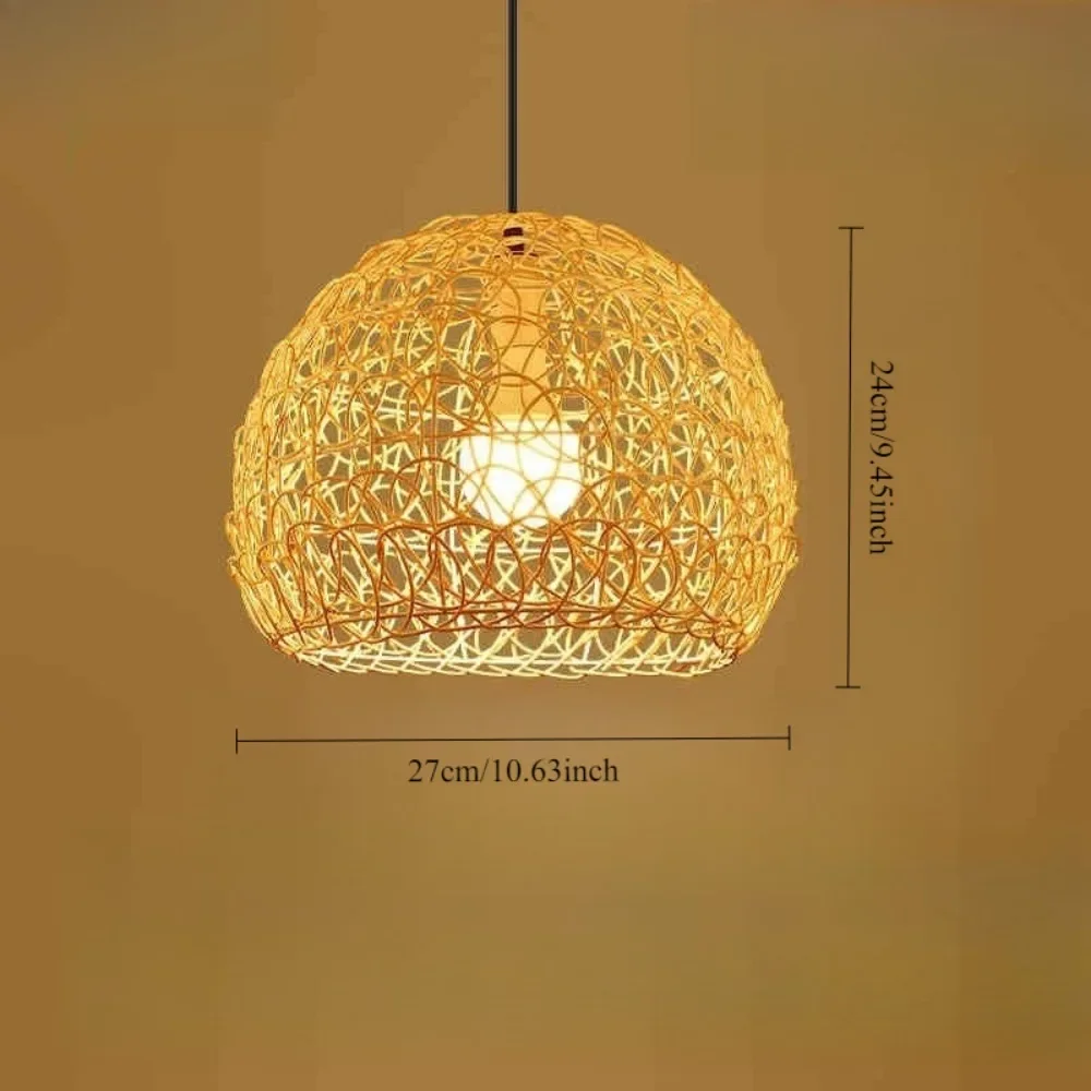 25cm Handmade Vine Wicker Pendant Light Retro Bird's Nest Vintage Fish Scale Chandelier Hanging Light Living Room Kitchen Coffee
