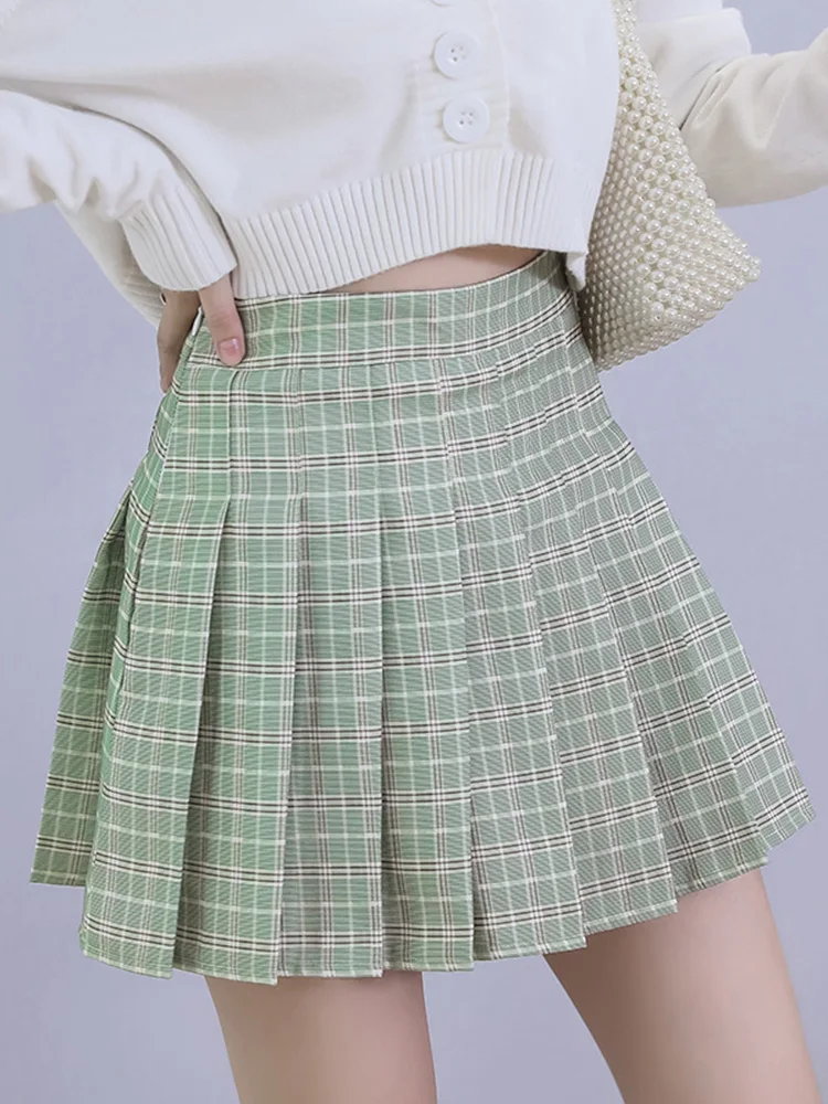 Summer Women's Skirt Shorts High Waist A-line Student Plaid Pleated Skirts Dance Mini Girls Green