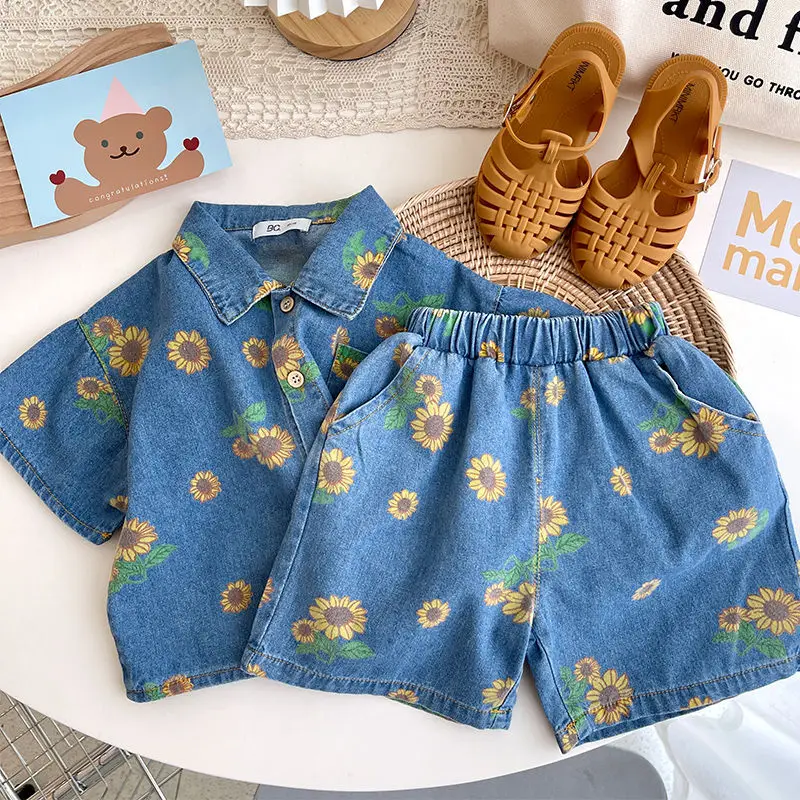 Kids Clothing Set Summer Baby Boys Girls Outfits Sunflower Printed Short Sleeve T-shirts + Shorts 2pcs Denim
