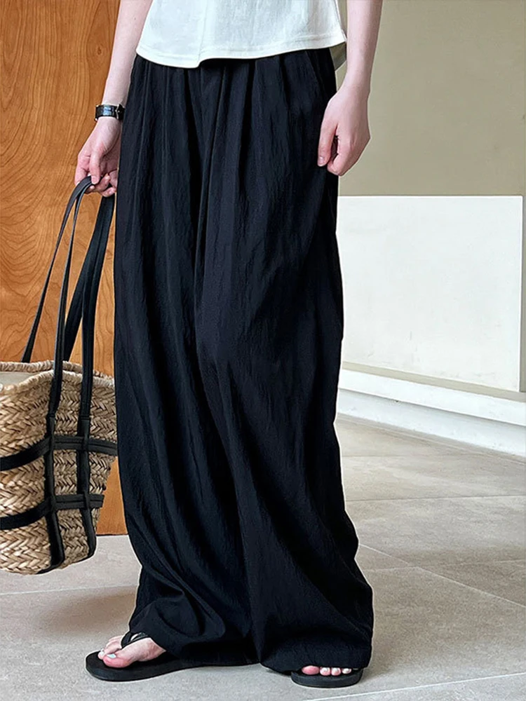 [LANMREM] Minimalism Elastic High Waist Wide Leg Pants Women Pleated Loose Trousers Sunscreen Clothing 2024 Summer New 26D9170