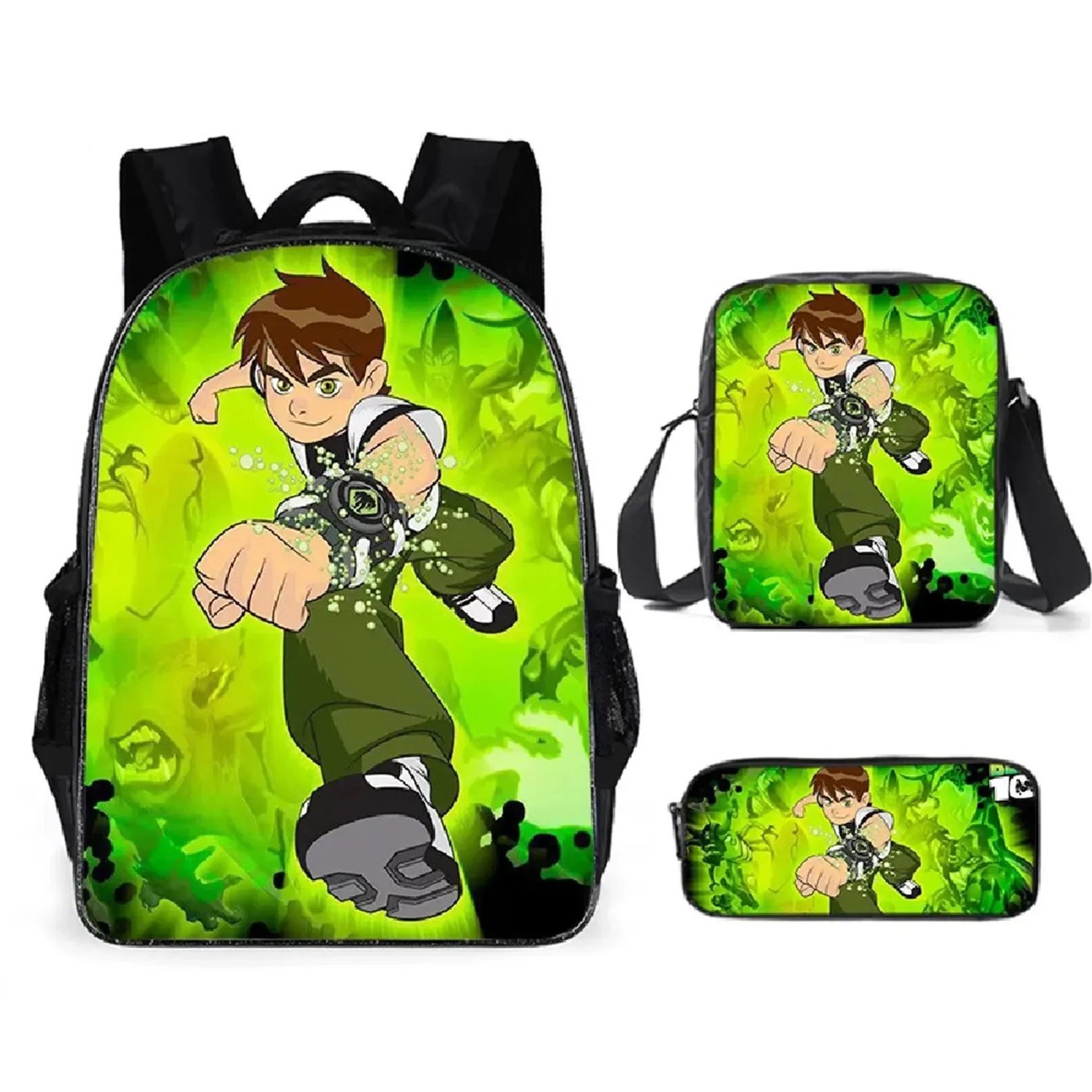 Lightweight Ben 10 Backpack with Single Shoulder Bag+Pencil Case 3Pcs Set,Back to School Student 3 in 1 Book Bag Set 6