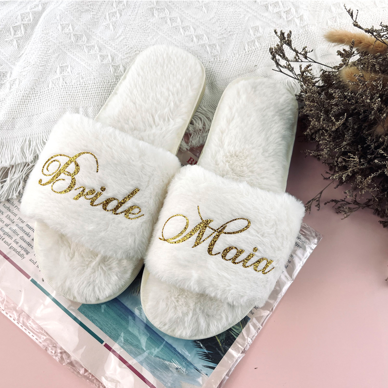 Custom Personalized Wedding Bridesmaid Slippers Add Any Text Bachelorette Bridal Shower Party Bedroom Fluffy Soft Slippers Gifts