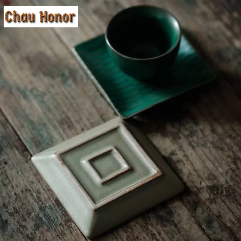 2pcs /Set Japanese Style Turquoise Coarse Ceramic Coaster Household Anti Scalding Tea Holder Thermal Insulation Pad Accessories