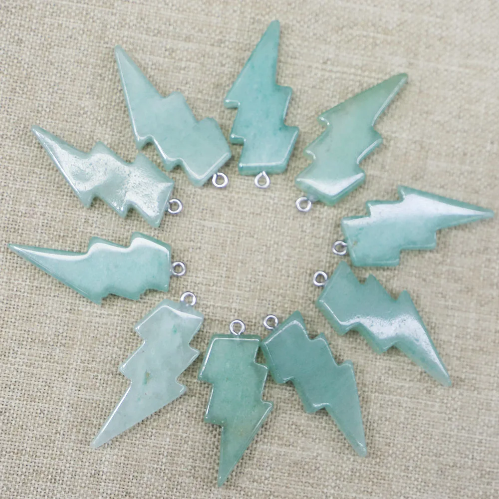 Hot 42x20MM Natural Stone Green  Aventurine Lightning Pendant Charms for Healing Crystal Necklace Jewelry Making 10pcs Wholesale