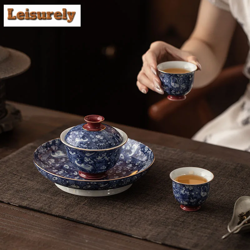 150ml Blue And White Hovering Gaiwan Zen Tea Tureen Tea Bowl With Lid Kit Tea Maker Cover Bowl For Cha Pot Bearing Holder Teacup