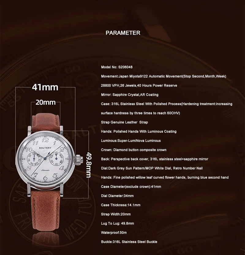 Baltany Men Automatic Watch 41mm Pilot Mechaical Wristwatch