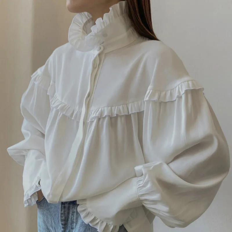 Camisas sueltas con volantes para mujer, primavera 2025, camisa blanca de cuello alto de manga larga para mujer, camisa informal de calle de gran tamaño para mujer
