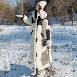 Korean Black White Patchwork Long Down Coat Hooded Padded Jacket Women Thicken Winter Warm Oversized Down Jacket Coat Overcoat