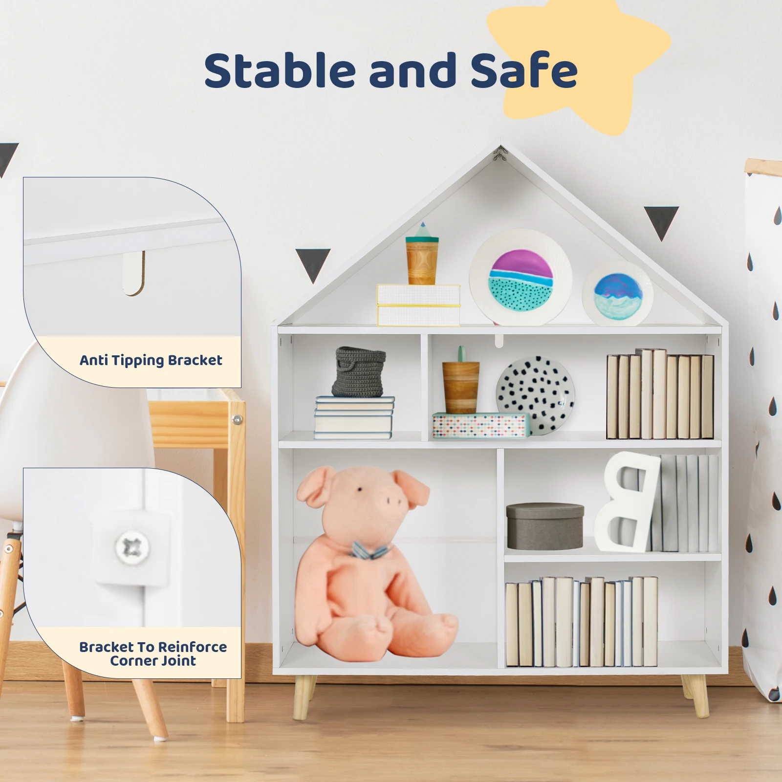 AOOU Kids Bookshelf Toy Organizer, Toddler 6 Cubbies Wood Open Bookcase 4-Tier Children Storage Cubby, Storage Cabinet