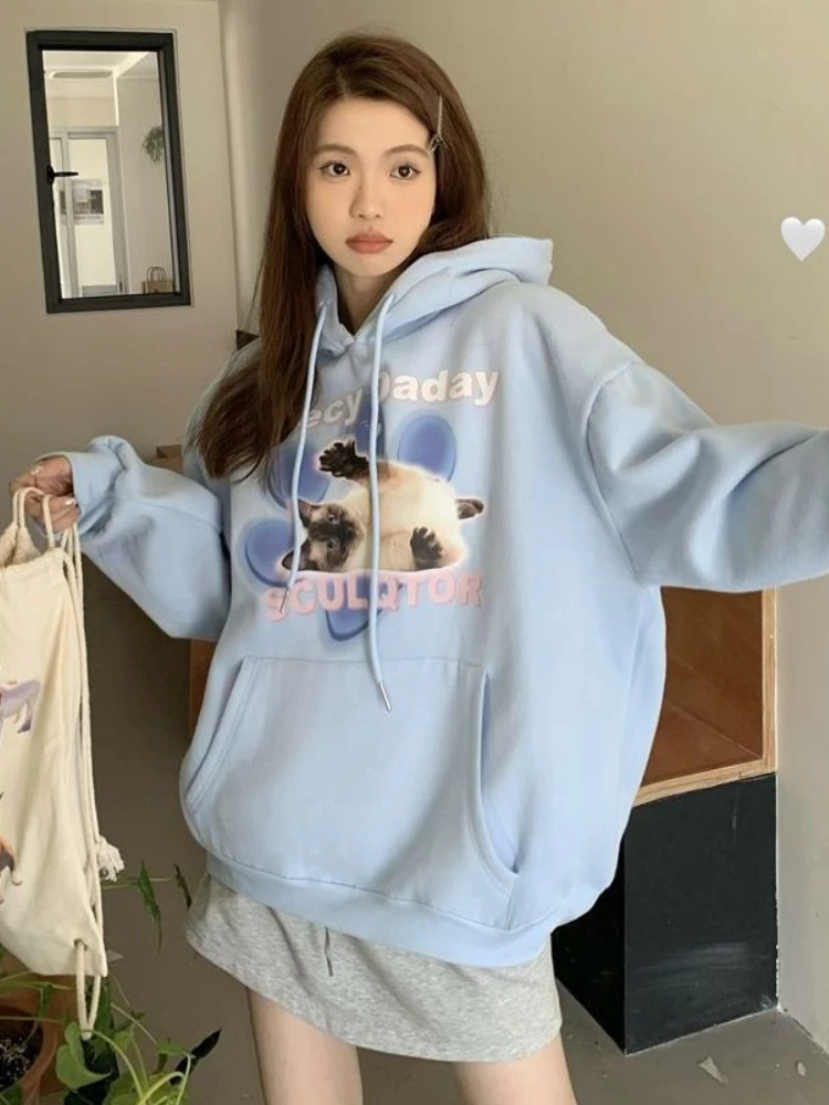 ADAgirl Harajuku Cat Print Hoodies Women Y2k Aesthetic O Neck Pullover Cutecore Long Sleeve Girl Tops Japanese Kawaii Sweatshirt