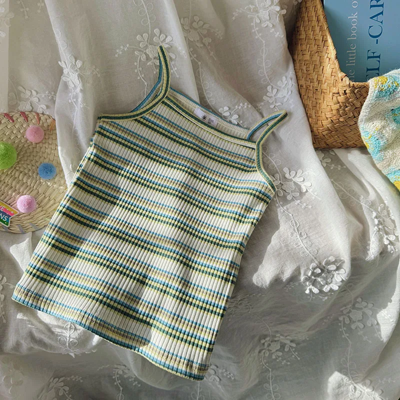 여아용 캐미솔 셔츠, 민소매 상의, 자수 탄성 포스, 캐주얼 스트라이프, 심플 2024, 스위트 러블리, 여름 조끼