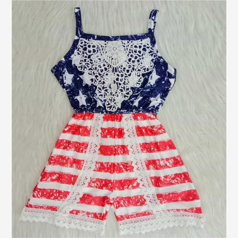 baby outfit sets girl Hot sale 4th july flag kids clothing baby girl lace shorts jumpsuit romper suspender jumpsuit beautyful kid suit