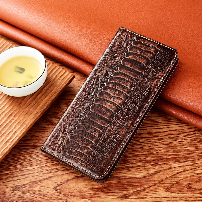 

Cowhide Magnetic Flip Phone Case For OnePlus 9 9R 9E 9RT 10 Pro Ostrich Veins Genuine Leather Cover