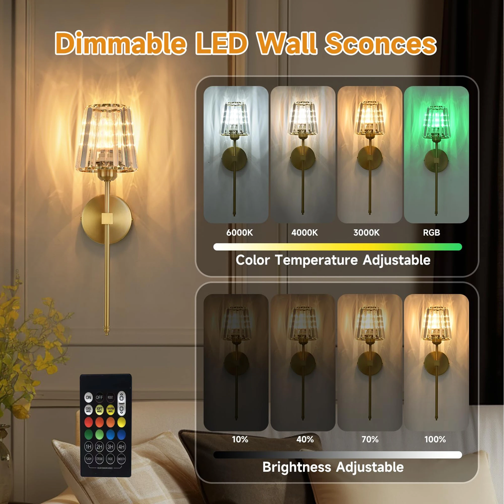 Battery operated crystal wall sconces set of 2 wireless wall light with rechargeable LED light bulbs for bedroom living room