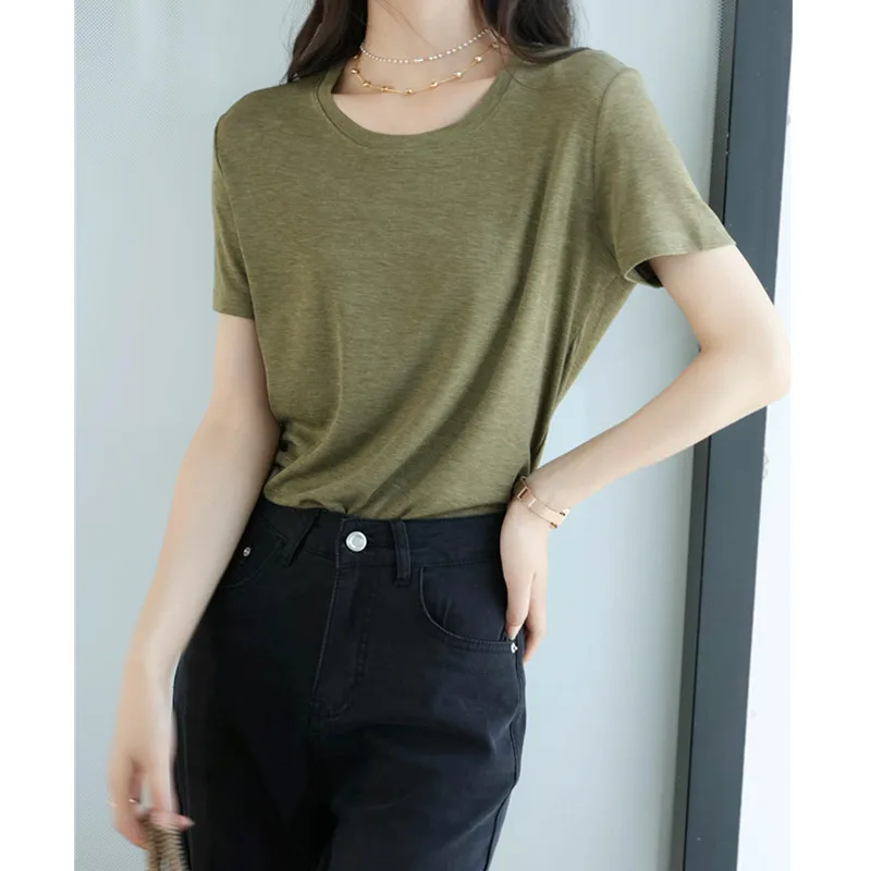 

Silk Lyocell T-shirt Women's Summer Soft Waxy Comfortable Cloud T-shirt Round Neck Short Sleeved Top