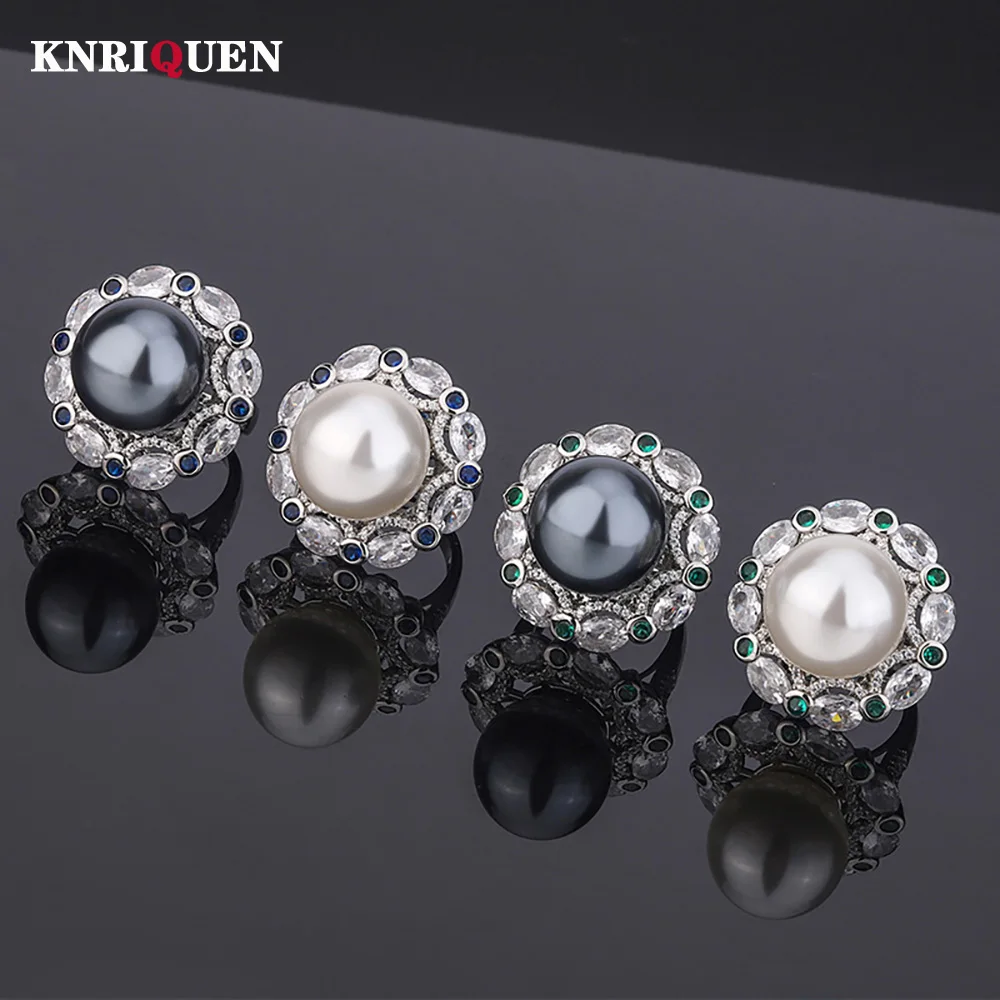 

Vintage 16MM White Black Big Pearl Gemstone Rings for Women Cocktail Party Fine Jewelry Accessories Anniversary Gift Wholesale