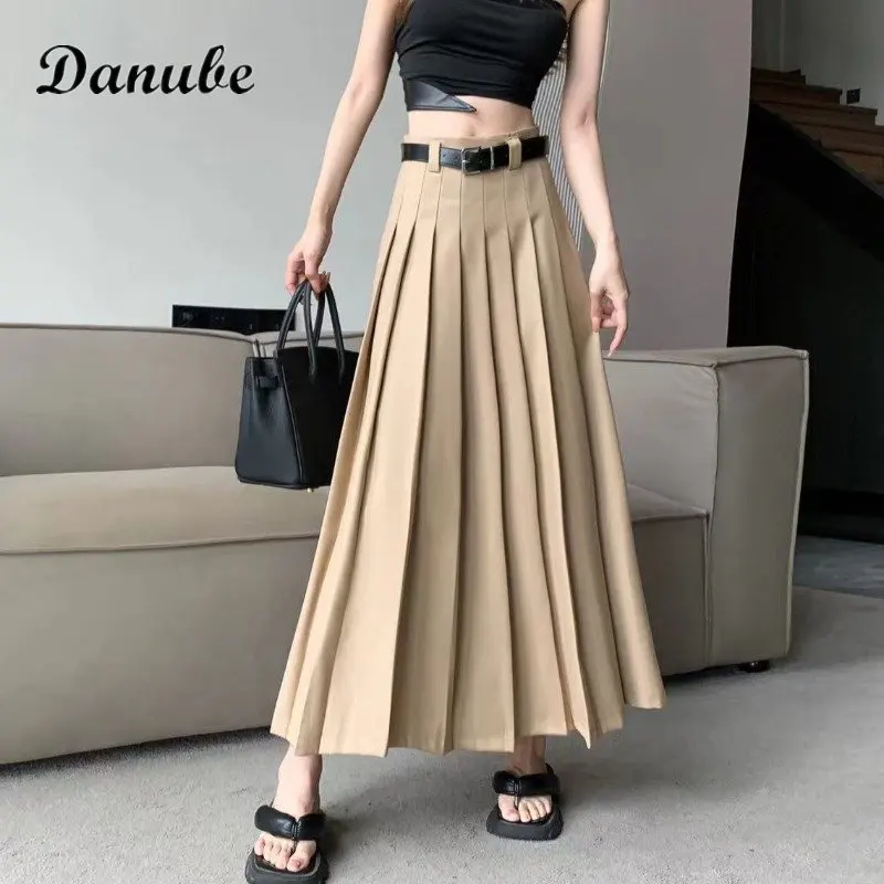 

Vintage Khaki Pleated Long Skirt Women With Belt Harajuku Korean Preppy High Waist Slim A-line Skirt For School Girl Uniform Y2K