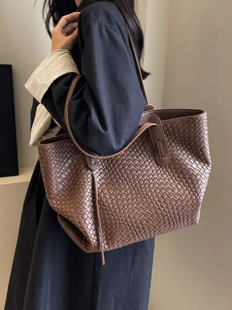 Retro Fashion Classic Solid Color Pu Woven Rhombic Lattice Design Double Handle Single Shoulder Large Capacity Tote Bag 5