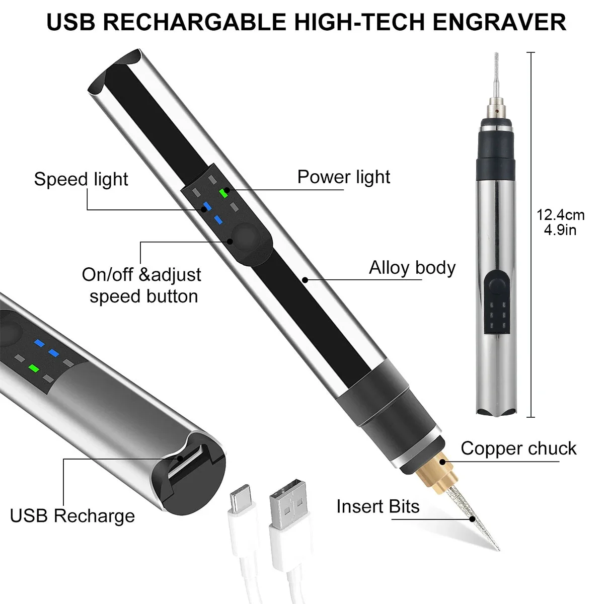 Electric Engraving Pen Cordless Micro Carving Pen with 3 Adjustable Speed 280mAh Rechargeable Engraver Machine Wireless Etching