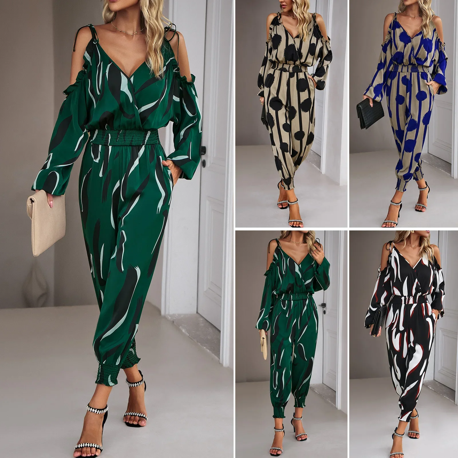 

Autumn Sexy Bodycon Playsuit Women Jumpsuit V-neck Long Sleeve Suspenders Bodysuit Female Elegant Slim Off-the-shoulder Rompers