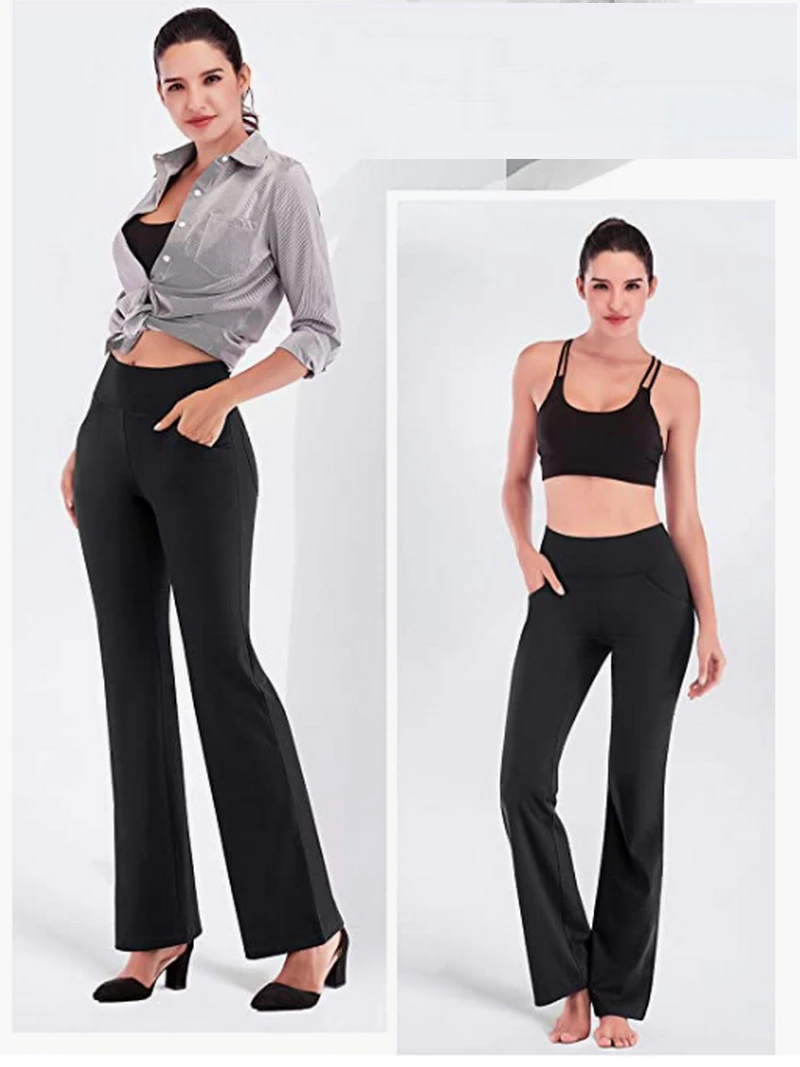 Women Flare Yoga Leggings Dress Pant With Pockets  High Waist Workout Bootleg  Tummy Control Leggin Bell Bottom Work Pants